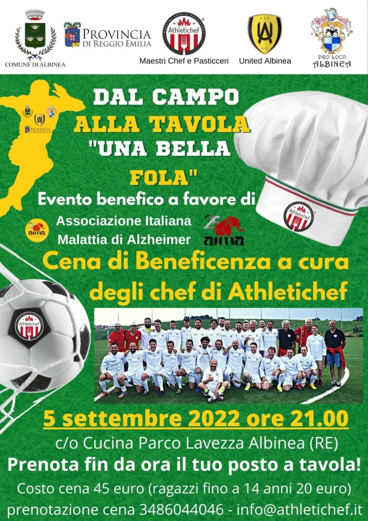 Locandina cena di beneficenza Athletichef ad Albinea per AIMA Associazione Italiana Malattia di Alzheimer Reggio Emilia ODV