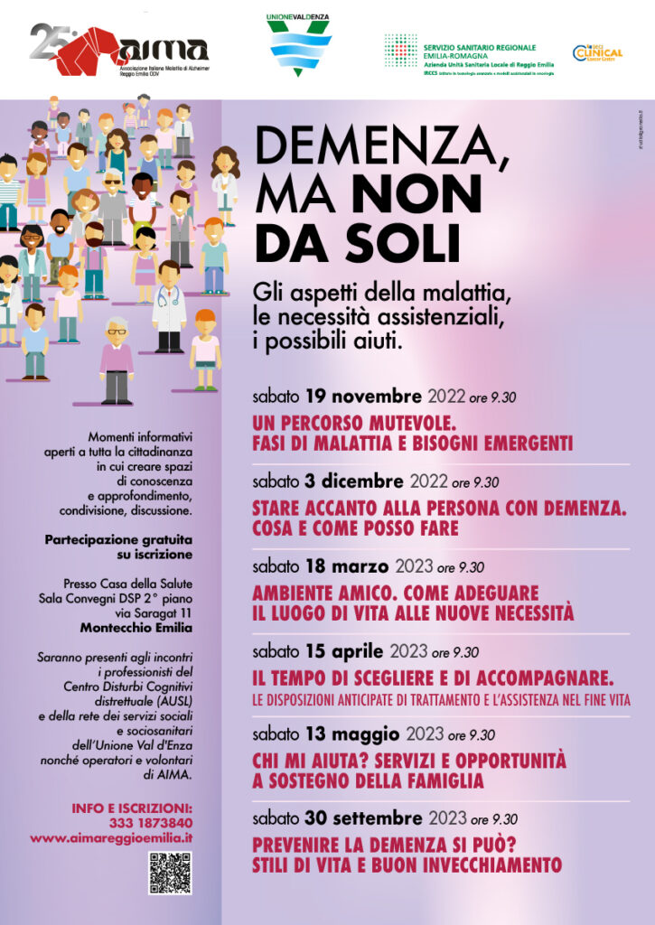 Locandina incontri informativi "Demenza, ma non da soli" a Montecchio Emilia