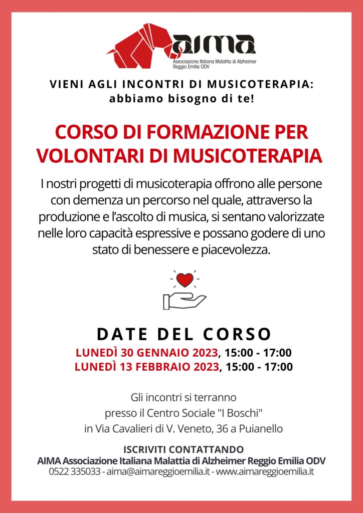 Locandina corso formazione volontari di musicoterapia 2023 - AIMA Associazione Italiana Malattia di Alzheimer Reggio Emilia ODV