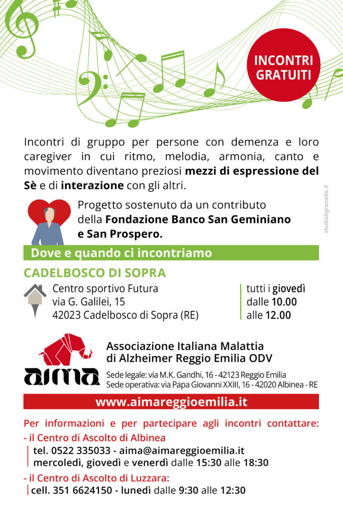 Cartolina percorso di musico arte terapia MusicalMente Insieme per persone con demenza a Cadelbosco di Sopra con AIMA Associazione Italiana Malattia di Alzheimer Reggio Emilia ODV.