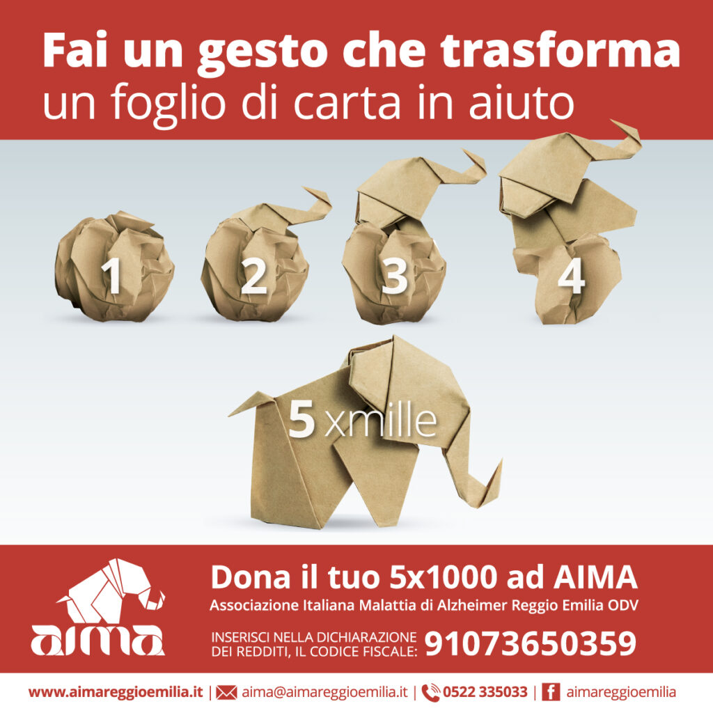 Dona il tuo 5x1000 ad AIMA Associazione Italiana Malattia di Alzheimer Reggio Emilia ODV | CF 91073650359