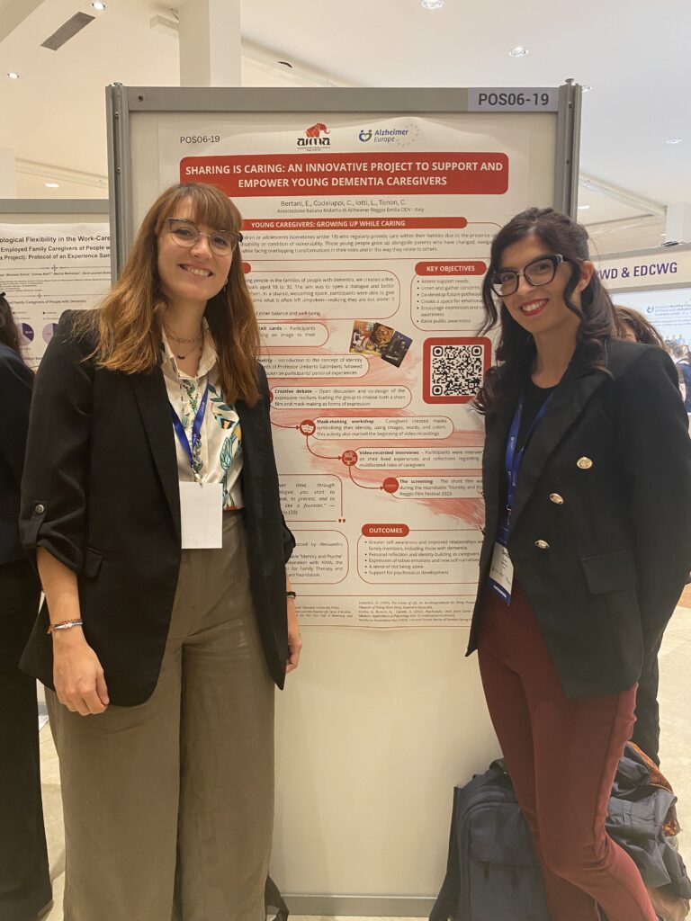 Fotografia dello staff di AIMA Reggio Emilia ODV davanti a uno dei poster presentati alla 35a Conferenza di Alzheimer Europe a Bologna, 6-8 ottobre 2025