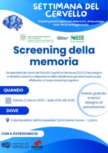 Locandina dello Screening gratuito della memoria in occasione della Settimana del Cervello 2026