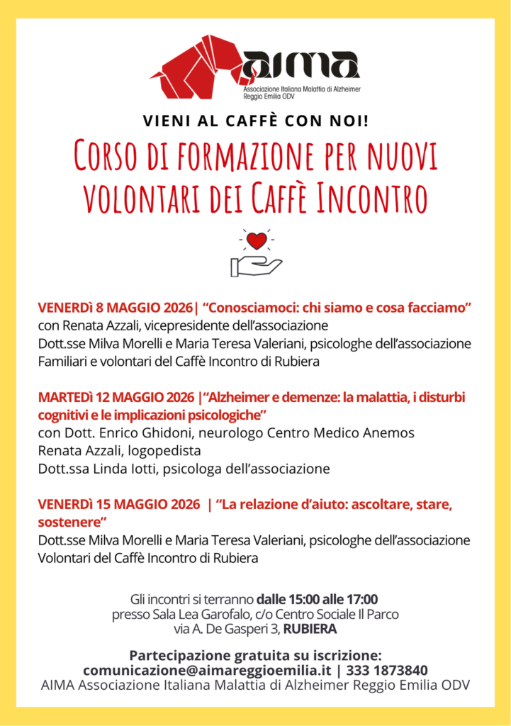 Volantino corso volontari Caffè Incontro di Rubiera 2026 AIMA Associazione Italiana Malattia di Alzheimer Reggio Emilia ODV