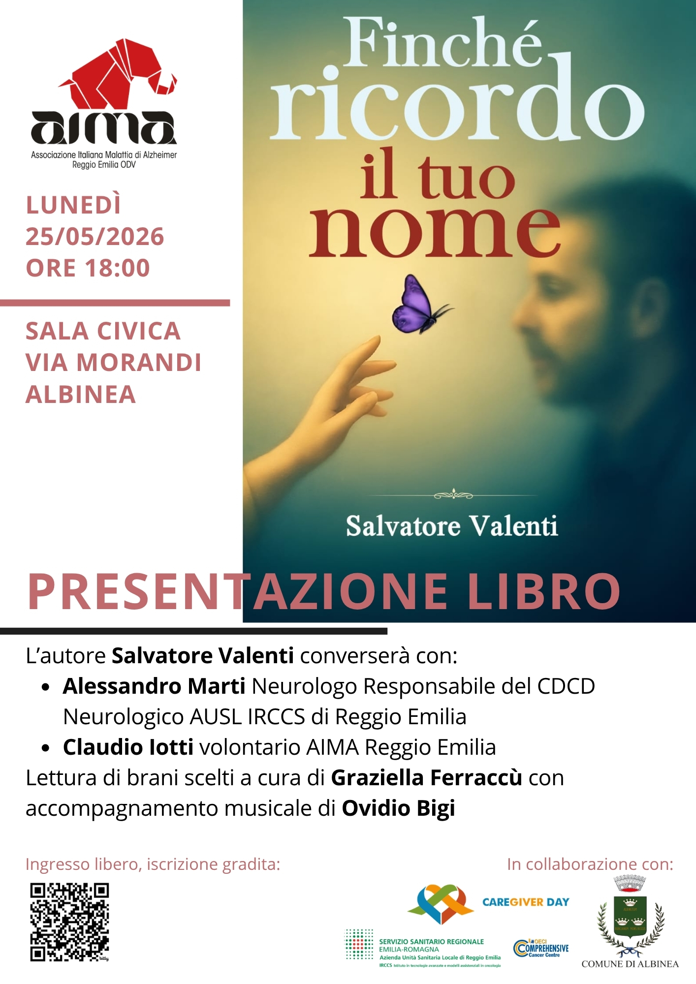 Locandina presentazione libro "Finché ricordo il tuo nome" di Salvatore Valenti alla Sala Civica di Albinea in occasione del Caregiver Day